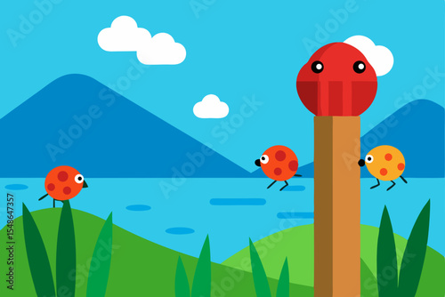 A vibrant red ladybug rests on a green grass blade, a charming insect in nature's spring garden