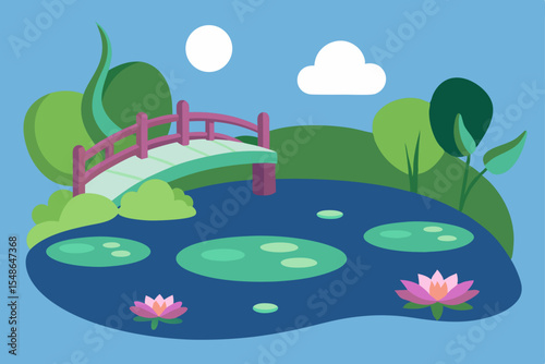 Vibrant summer landscape vector with a blue sky, green grass, colorful flowers, and a serene pond reflecting the peaceful nature view