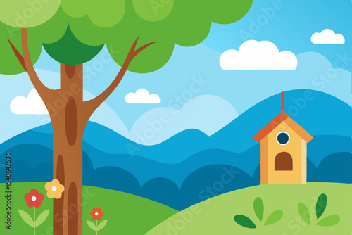 Rural landscape illustration featuring a charming house, green fields, and a beautiful sky with a solitary tree