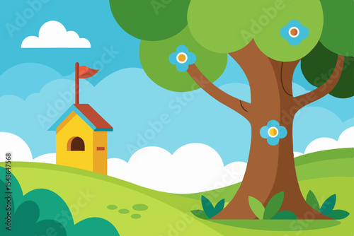 Cartoon vector landscape illustration of nature with trees, birds, sky, and sun, a perfect design for children's books depicting summer or spring