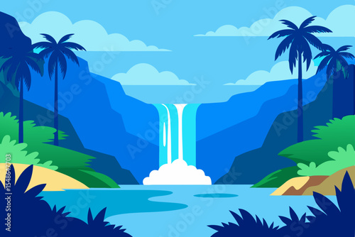 Tropical island paradise with palm trees, sun, and beach in the summer