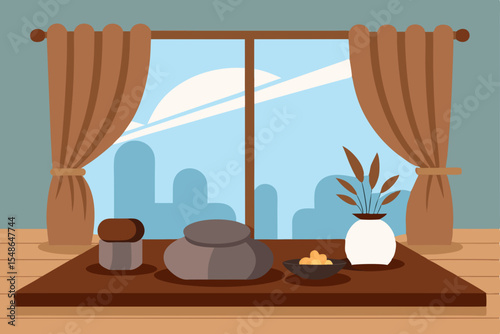 A luxurious hotel room interior with a view from the window, showcasing elegant furniture, a comfortable bed, and warm lighting, creating a serene living space