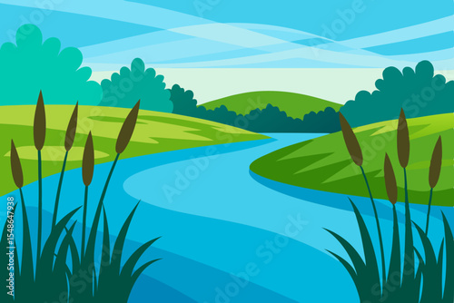 Green summer landscape with blue sky, mountains, and water