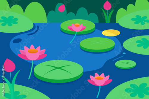 Pink water lily flowers blossom beautifully in the summer pond, a vibrant nature design