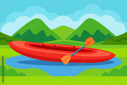 Lush green landscape with towering mountains reflected in a serene lake under a vast blue sky