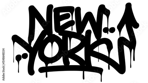 Black graffiti tag “New York” with drip effect on transparent background. Great for street art design, urban culture, and city-inspired creative visuals.