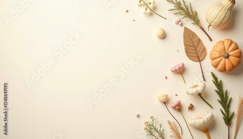 Autumn Floral Arrangement with Pumpkins and Leaves on a Light Neutral Background