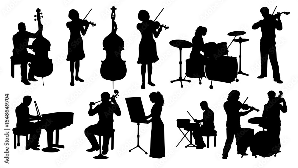 “Flat black silhouettes of a musical ensemble on white, showcasing various classical and modern instruments in structured, repetitive poses—no perspective or depth, just shape and form.”