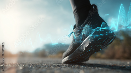 Runner s shoe with glowing digital data streams representing fitness tracking