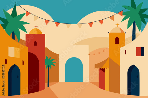 Narrow Mediterranean street in the old town of Jerusalem with traditional architecture and a bright sky