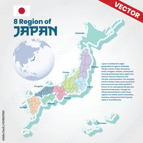 Colorful Vector Map of Japan Divided into 8 Regions Including Hokkaido, Tohoku, Kanto, Chubu, Kansai, Chugoku, Shikoku, and Kyushu with Okinawa