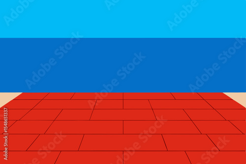 Red and blue brick wall patterns showcase a textured construction design under the sky