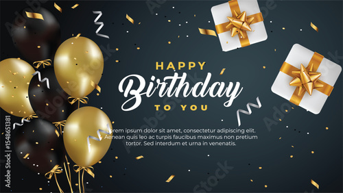 happy birthday greeting template with balloon, birthday flag and glitter