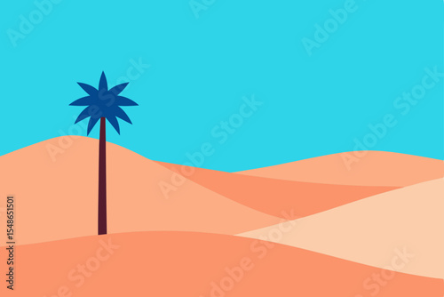 Desert oasis at sunset with palm trees and a tropical sky reflecting on the water, a silhouette of nature's horizon