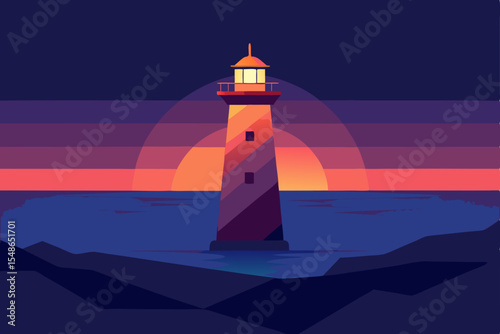 A beacon of light guides ships along the coastline at sunset, its white tower standing tall against the night sky