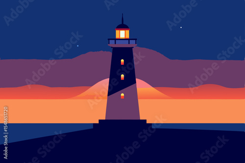 A striking lighthouse pierces through the darkness of night