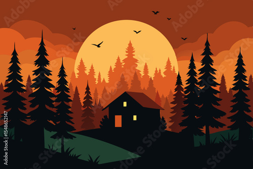 A haunted house in a dark forest silhouette against a starry night sky, perfect for a Halloween illustration