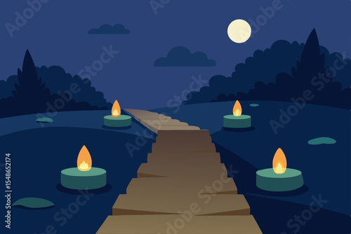 Here's a descriptive sentence for your image:

Christmas night landscape with a moonlit sky over the tranquil sea and distant tropical islands