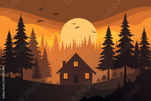 Winter forest landscape with a cozy Christmas house, snowy trees, and a moonlit sky at night