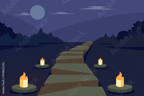 Burning candles illuminate a mystical forest at night, an enchanting illustration evoking a fairytale castle landscape