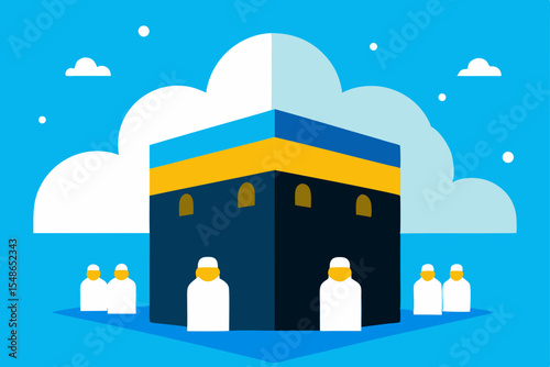 Kaaba Mecca Illustration: A stylized illustration of the Kaaba in Mecca, surrounded by pilgrims, set against a serene blue sky with fluffy clouds.
