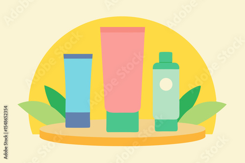 Cosmetic Trio on Display: A vibrant illustration showcasing three cosmetic product containers with a focus on minimalist design, organic forms, and cheerful composition.