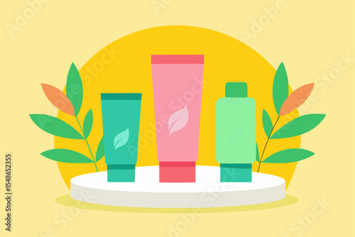 Beauty Products on Display: Three vibrant cosmetic containers stand on a modern platform amidst a refreshing nature-inspired composition, embodying the essence of beauty and self-care.