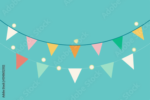 Festive Banners: Colorful triangular banners strung across a teal background, representing celebration and joy, set the scene for festive gatherings. 