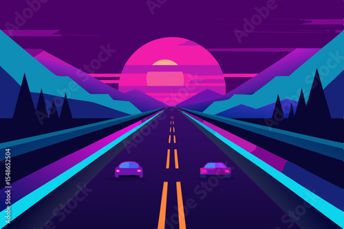 Road to Sunset: A captivating illustration unveils a picturesque journey down a vibrant highway towards a breathtaking sunset between mountain. It's a perfect scene to dream about the road.