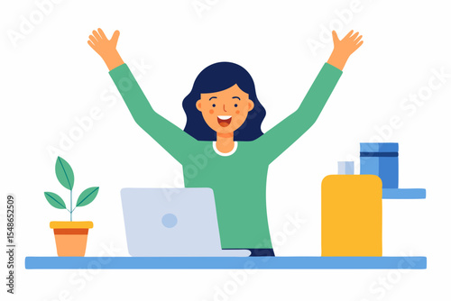 Joyful Achievement: A woman celebrates a victory, radiating joy and triumph as she achieves a milestone while working. 