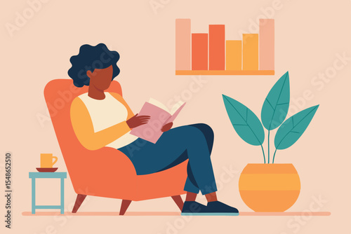 Reading Nook: A cozy scene unfolds as a figure engages with a book in a comfortable chair, enjoying a moment of personal reading