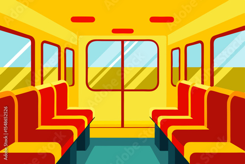 Metro interior: A vibrant illustration of the interior of a metro train, with rows of inviting seats and clean windows, creates a sense of anticipation and streamlined travel.