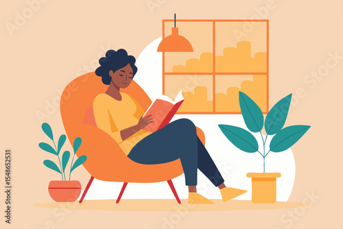 Serene Reading in Home: Captivating illustration of a woman immersed in a book, her peaceful posture suggesting a quiet moment of reflection and intellectual exploration.