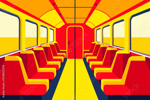 Subway Interior Illustration: A vibrant illustration depicts the interior of a subway car, a bold composition of clean lines, color blocking, creating a sense of orderly and futuristic design.