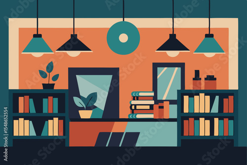 Cozy Bookstore Interior: A vector illustration of a cozy bookstore interior with bookshelves filled with books, potted plants, hanging lamps, and a counter with stacked books.
