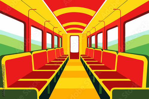 Empty Train Carriage: A vibrant illustration of an empty train carriage interior, featuring red and yellow seats, and large windows offering scenic views. 