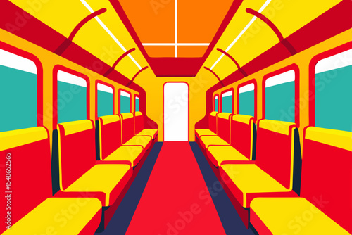 Train Interior Design: vibrant colored train car interior design with red and yellow seats and a red carpet aisle.