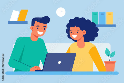 Teamwork and Digital Interaction: Illustration of two young individuals sharing a computer at a desk, illustrating collaborative work.