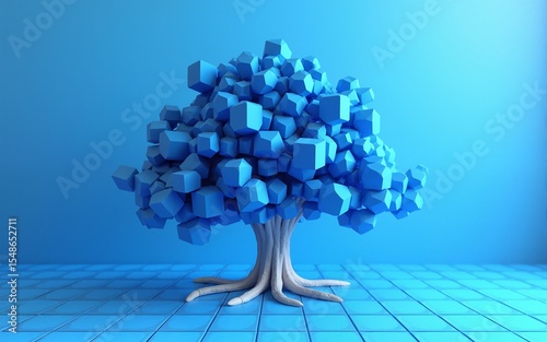 A 3D Render of a Blue Cubic Tree in a Room of Blue Tiles. High quality