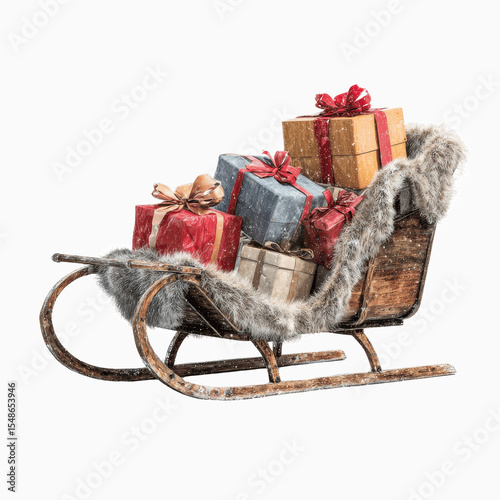 Wooden Sleigh Overflowing with Christmas Presents, Snow Falling