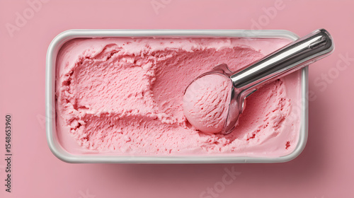 Delicious strawberry ice cream in a tray with metal scoop and pink background
