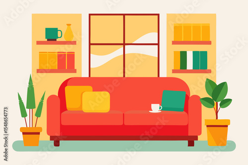 Cozy Living Room Interior Design Comfortable Sofa, Bookshelves, and Plants