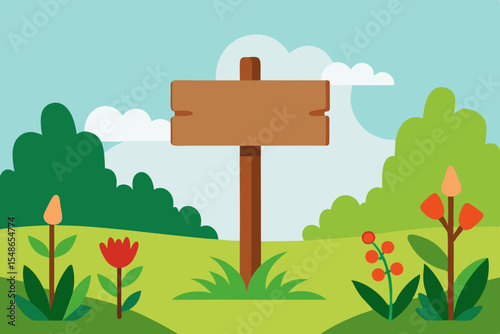 Blank Wooden Signpost in a Vibrant Spring Garden Nature's Peaceful Invitation
