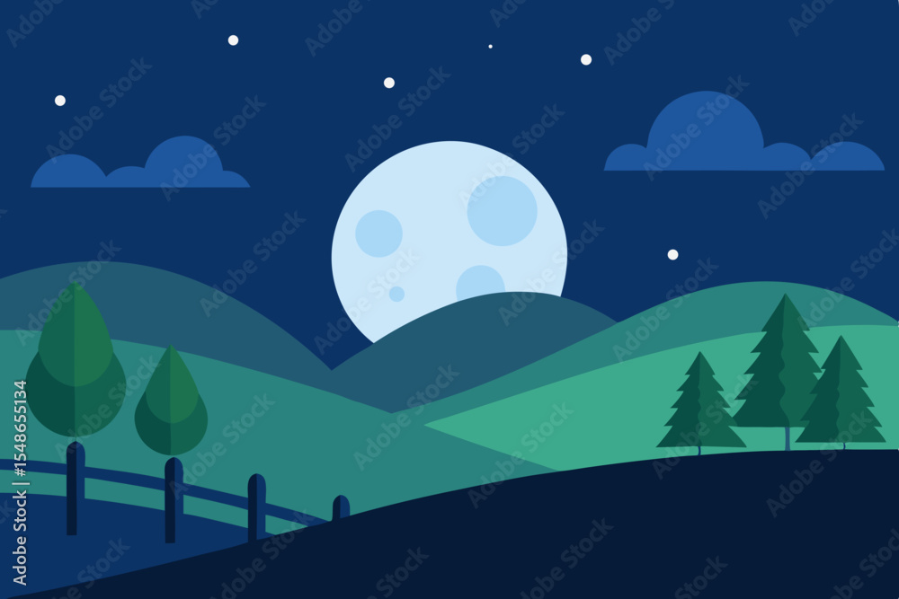 Naklejka premium Serene Nightscape Moonlit Hills, Starry Sky, and Gentle Landscape