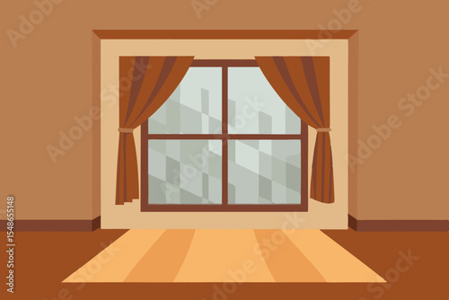 Cozy Room Interior Design Window with City View and Brown Curtains
