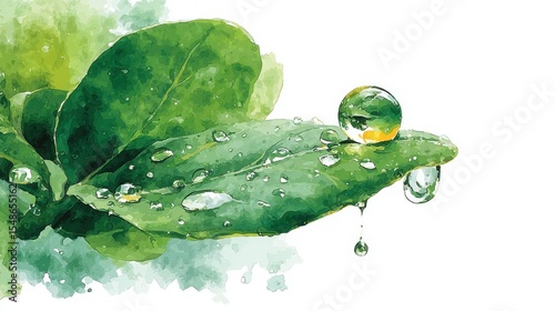 Close-up watercolor of green leaves with water droplets, highlighting nature