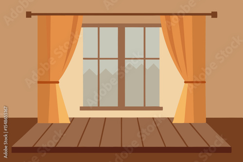 Cozy Room Interior Design Orange Curtains, Wooden Floor, Mountain View