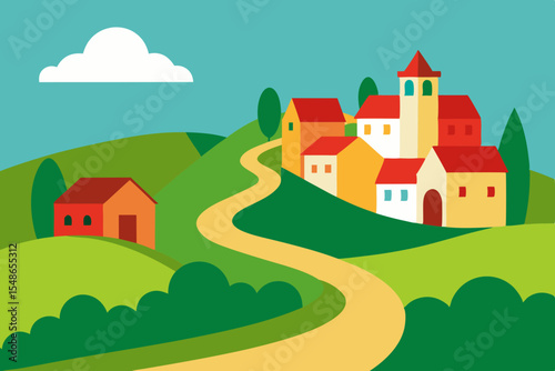 Charming Hilltop Village A Picturesque Landscape Illustration