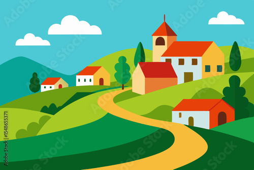 Charming Hillside Village A picturesque landscape illustration of a quaint village nestled in rolling green hills