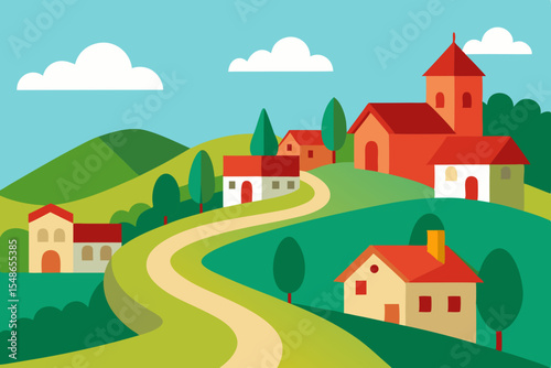 Charming Hilltop Village Scenic Rural Landscape Illustration